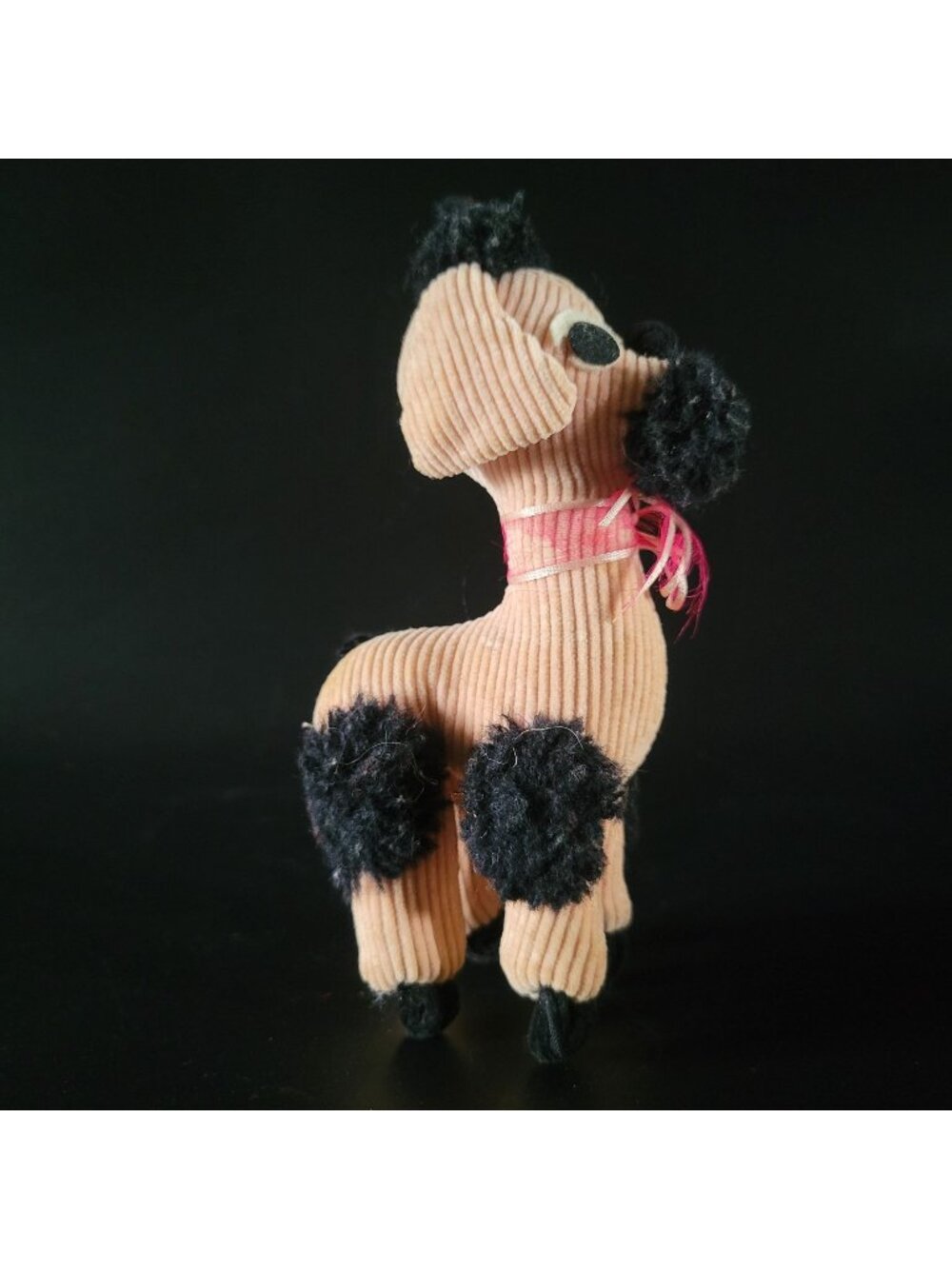 Vintage 60s Stuffed Animal Poodle Dog Pink Black Corduroy Kitsch 5.625"